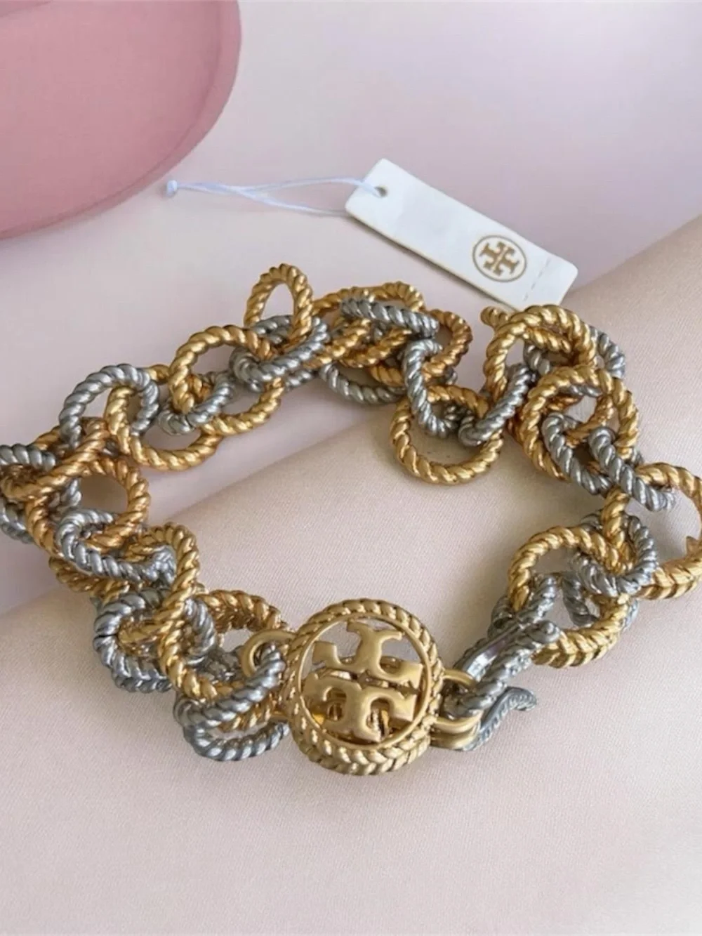 NWT TORY BURCH Silver & Gold-Tone Chunky Rope Chain Link Necklace Toggle Clasp